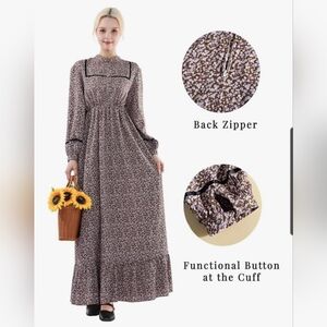 Floral Long Sleeve Prarie Pioneer Costume Dress with Back Zipper Size Lrg